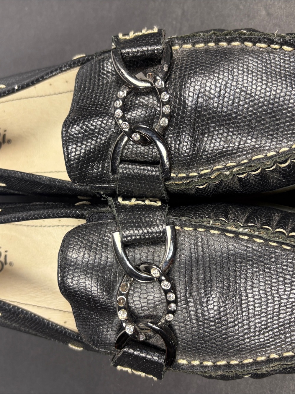 asgi Black Lizard Embossed Leather Driving Loafers with Silver Rhinestone Detail - Picture 5 of 9